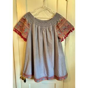Savanna Jane Tunic/Mini 1X Blue Aztec Embroidered Fringed